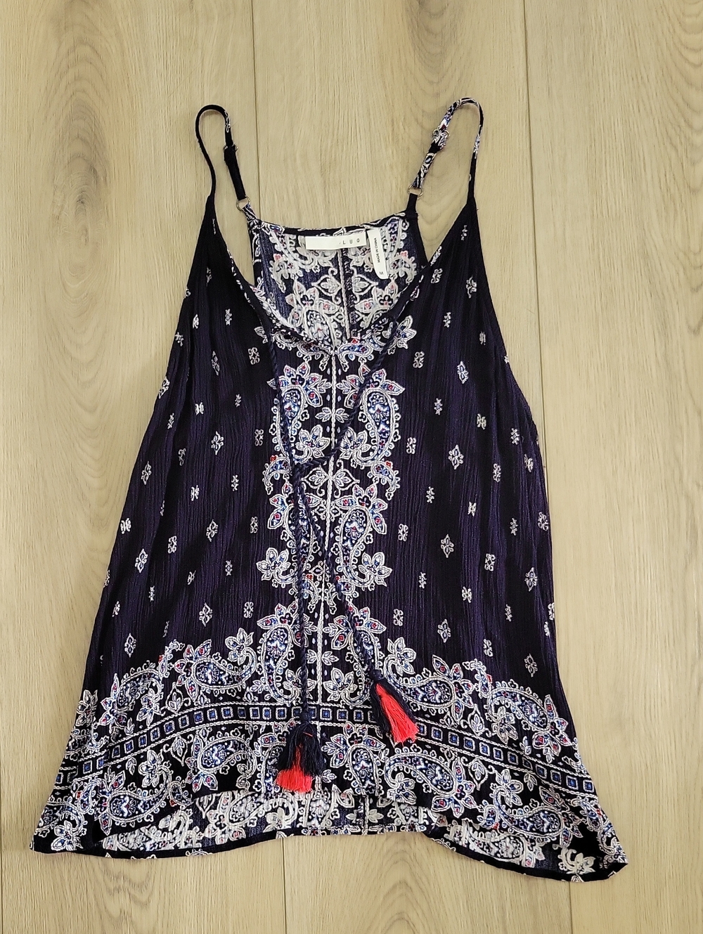 Sleeveless Navy Paisley Drawstring Tank Top with Tassels
